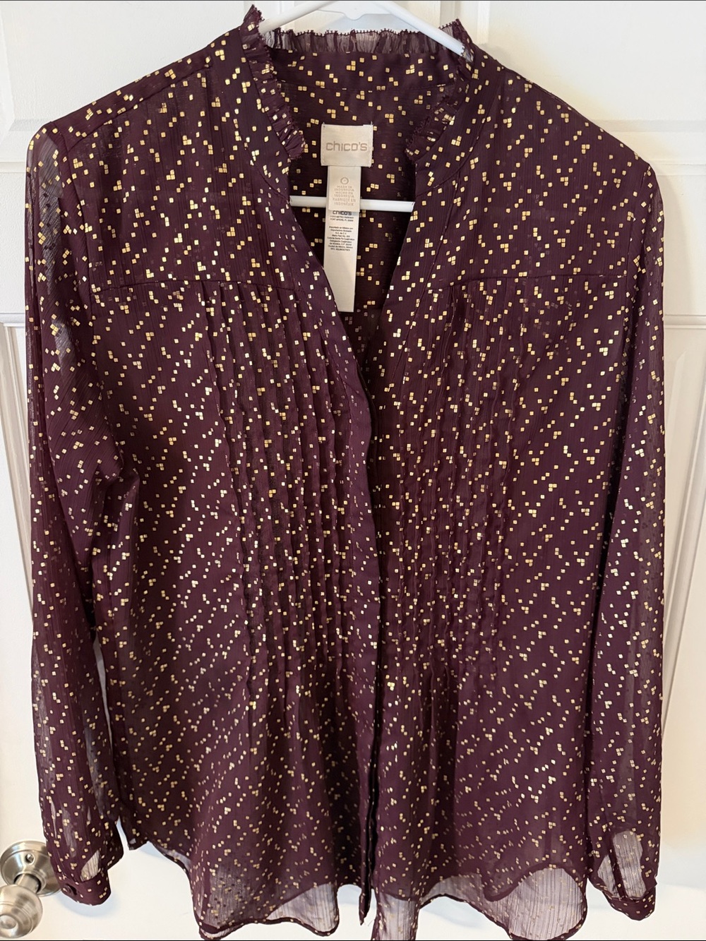 Chico's Semi Sheer Burgundy Gold Metallic Foil Dot Pleated Ruffle Neck Blouse S